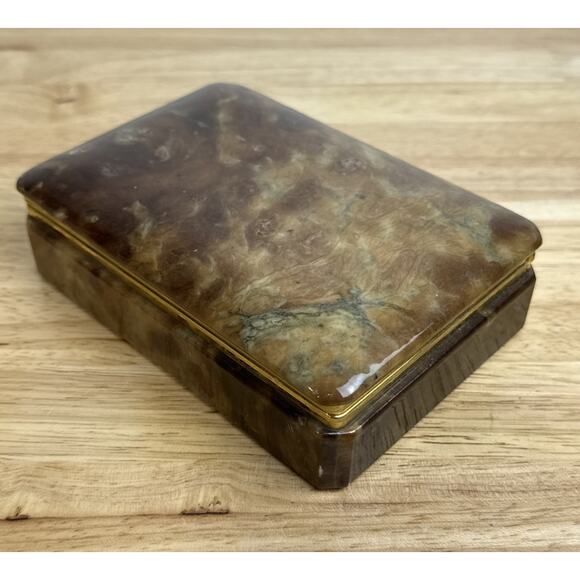 Vintage Genuine Alabaster Marble Hinge Jewelry Trinket Box Italy Gold Brass - Picture 3 of 9